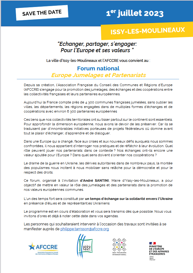 Save the date - Forum National Europe, Jumelages et Partenariats